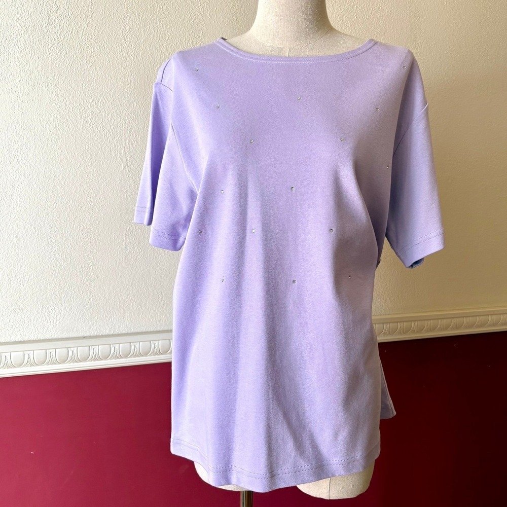 Quacker Factory Purple Rhinestone Embellished Cotton T-Shirt Size M Artsy Casual